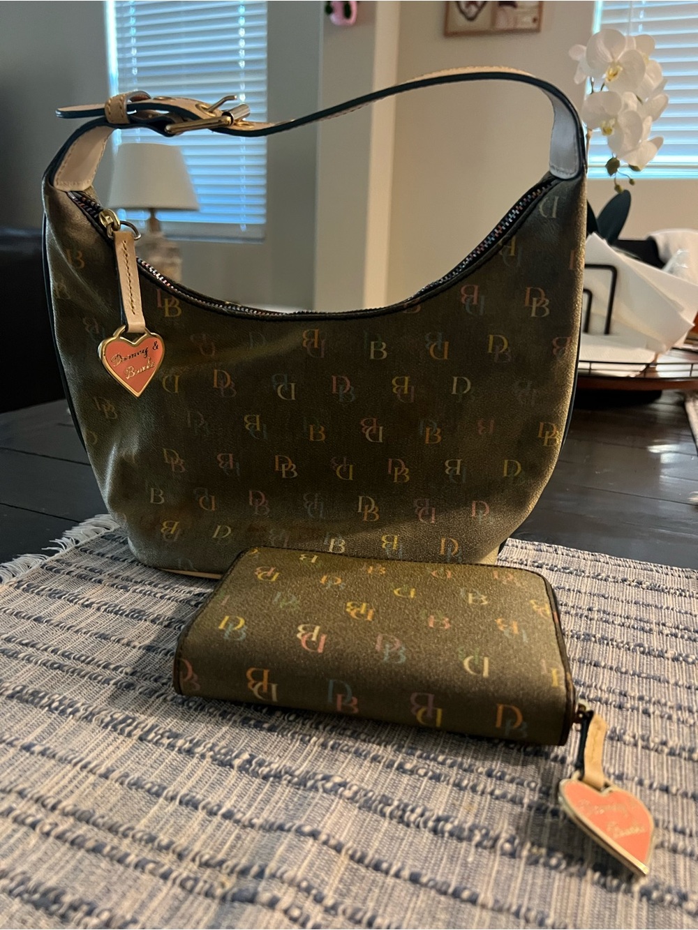 Vintage Dooney &Bourke Rainbow DB Monogram Leather Hobo Bag Heart Charm w/wallet